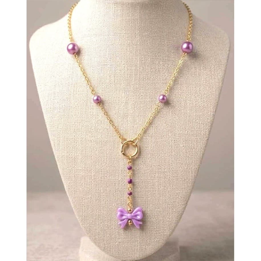 Handmade Necklace Gold Toned Purple Faux Pearl Bow Lariat Heart Y-Shape - Thumbnail 5