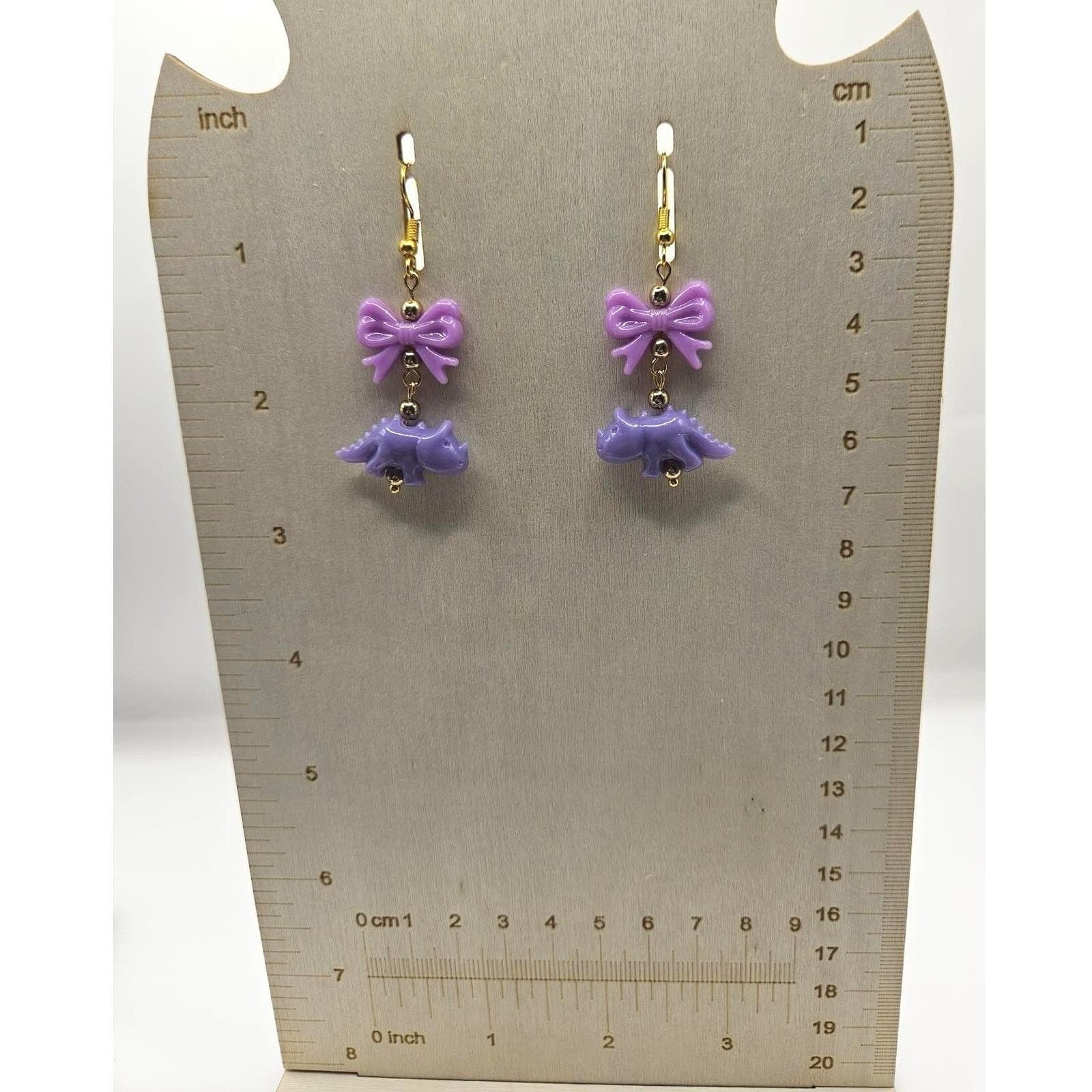 Cute Purple Dinosaur Bow Dangle Earrings Kawaii Aesthetic Jewelry - Thumbnail 2