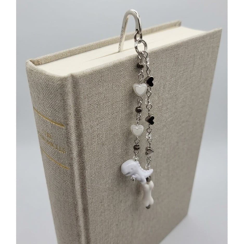 Handmade Bookmark Silver Tone Dinosaur Bone Beaded Chain 5.5" - Thumbnail 2