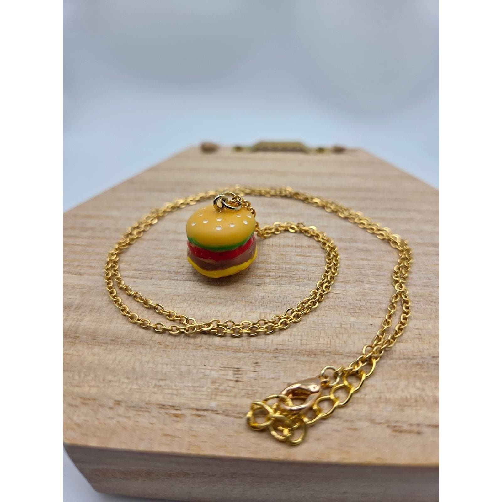 Handmade Necklace Gold Toned Stainless Steel Burger Pendant 24" Chain - Thumbnail 6