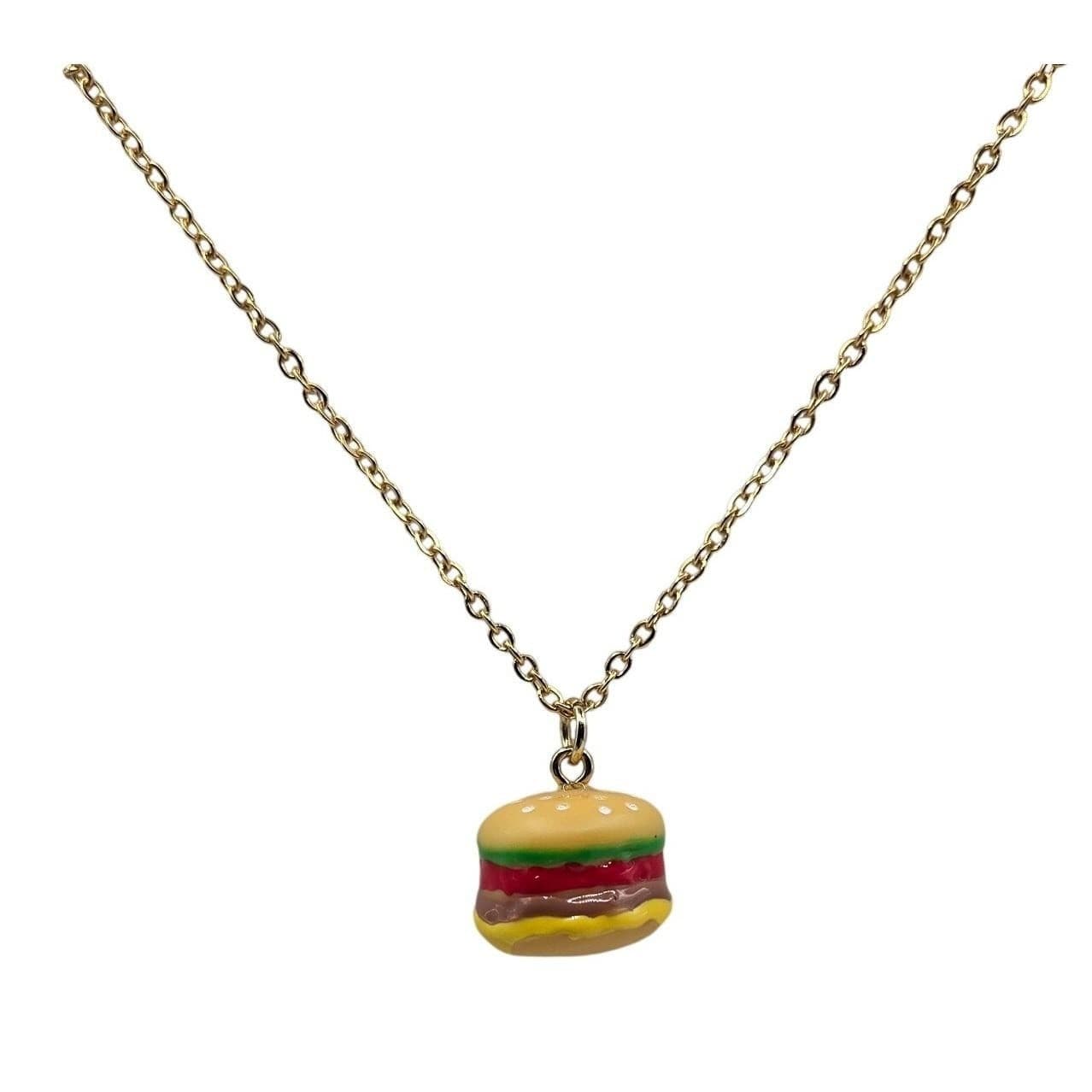 Handmade Necklace Gold Toned Stainless Steel Burger Pendant 24" Chain - Thumbnail 4