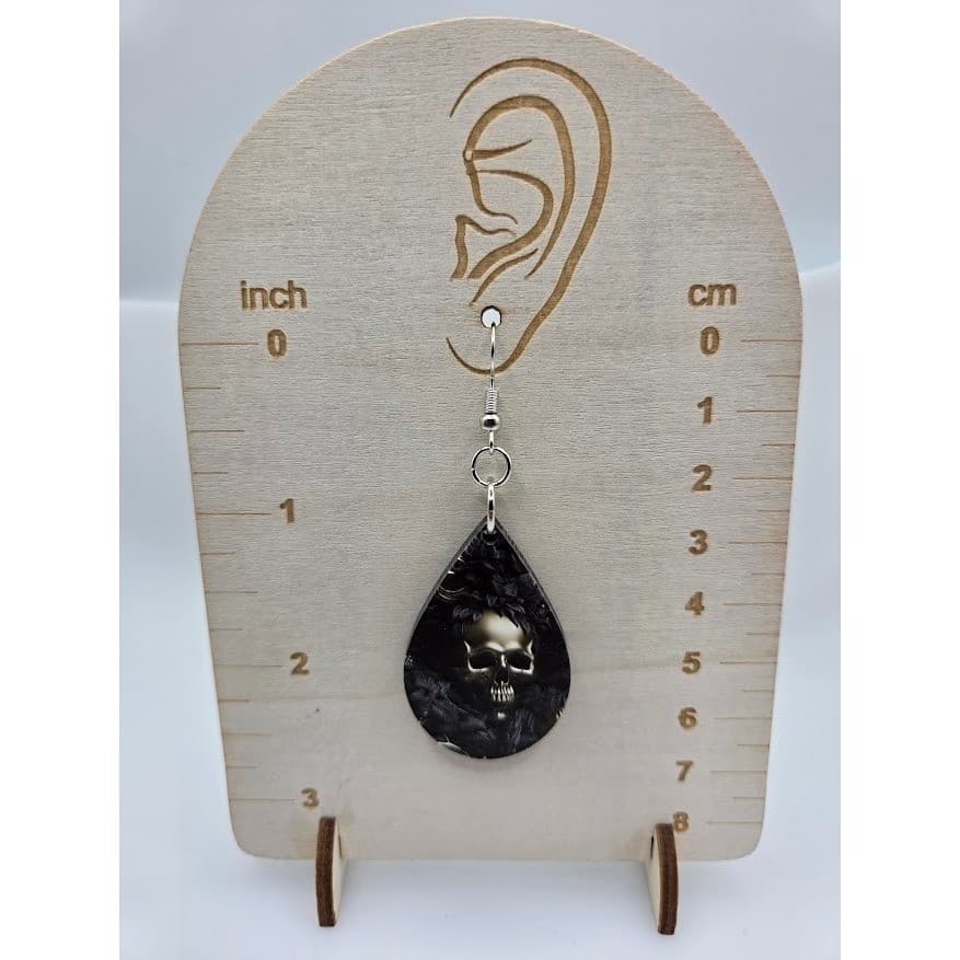 Handmade Earrings Skull Textured Glossy Dark Goth Teardrop Dangle - Thumbnail 3