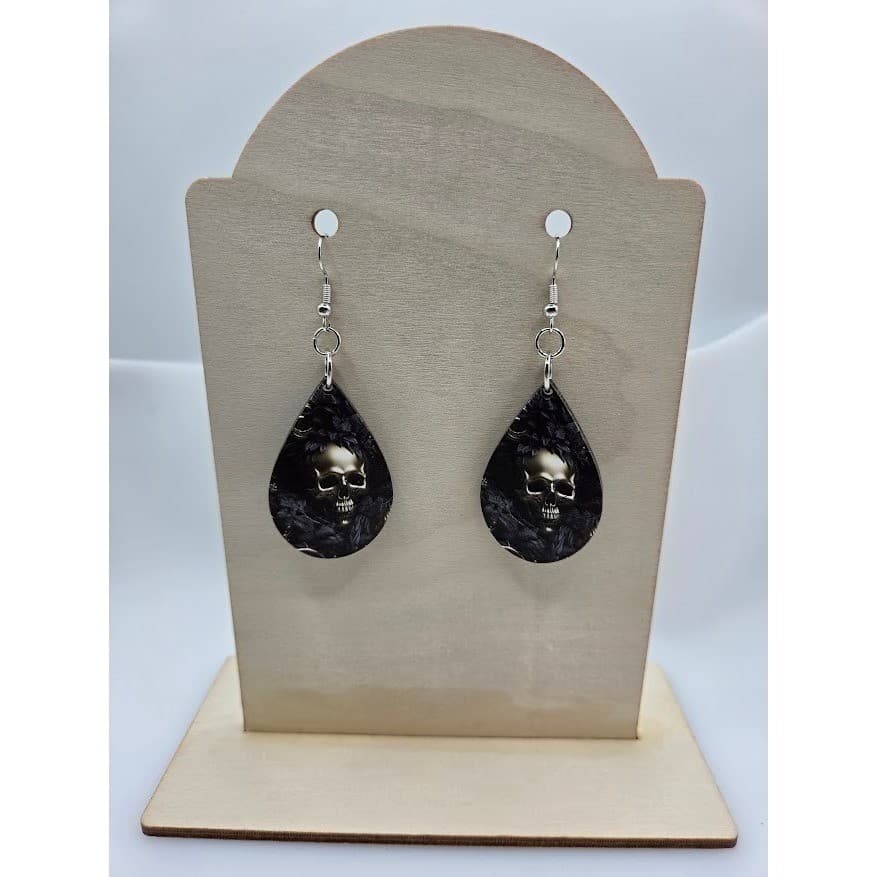 Handmade Earrings Skull Textured Glossy Dark Goth Teardrop Dangle - Thumbnail 4