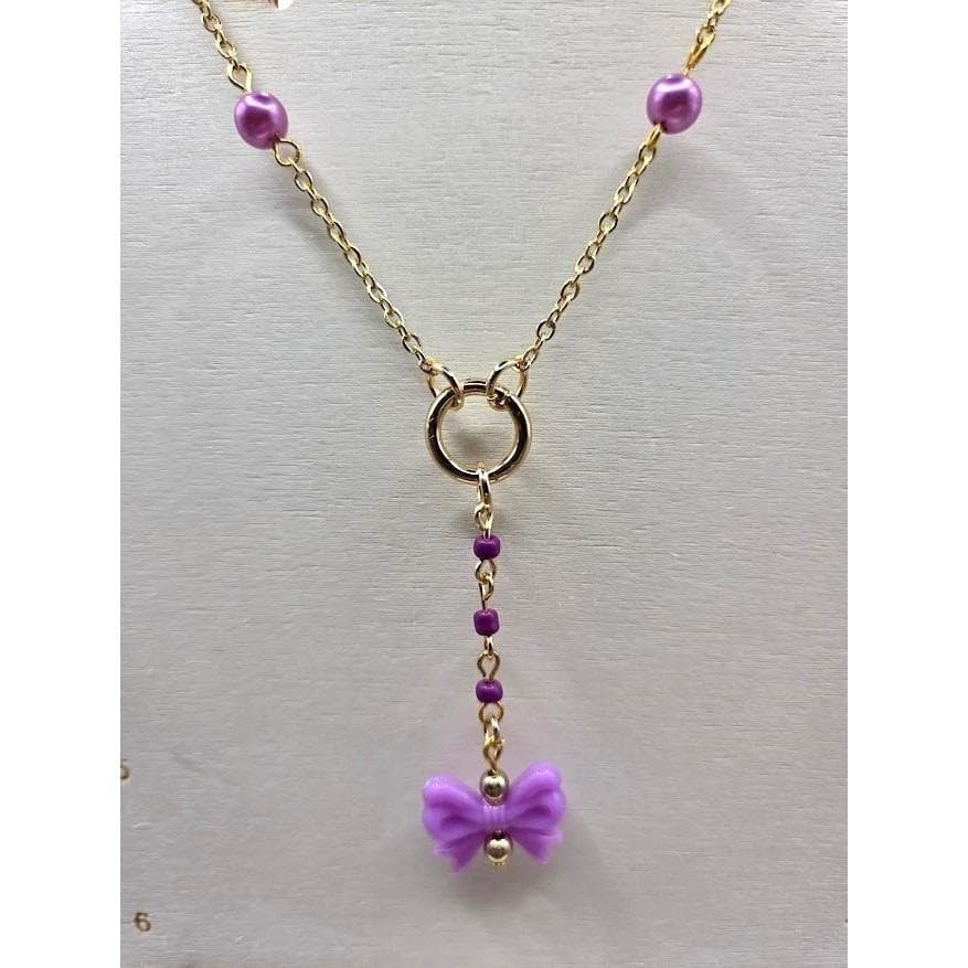 Handmade Necklace Gold Toned Purple Faux Pearl Bow Lariat Heart Y-Shape - Thumbnail 4