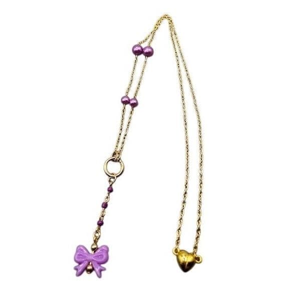 Handmade Necklace Gold Toned Purple Faux Pearl Bow Lariat Heart Y-Shape - Thumbnail 7