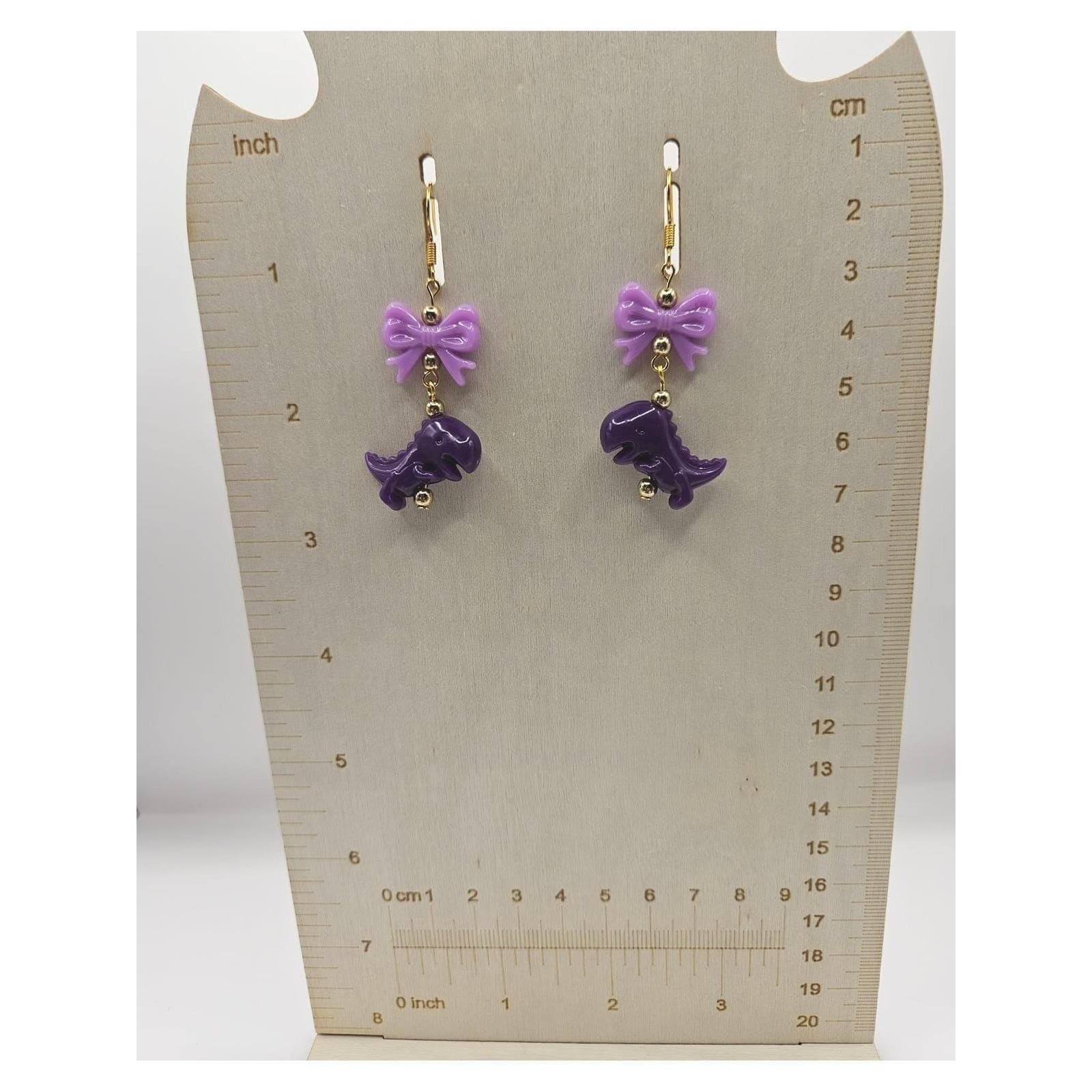 Cute Purple Dinosaur Bow Dangle Earrings Kawaii Charm Handmade Jewelry - Thumbnail 2