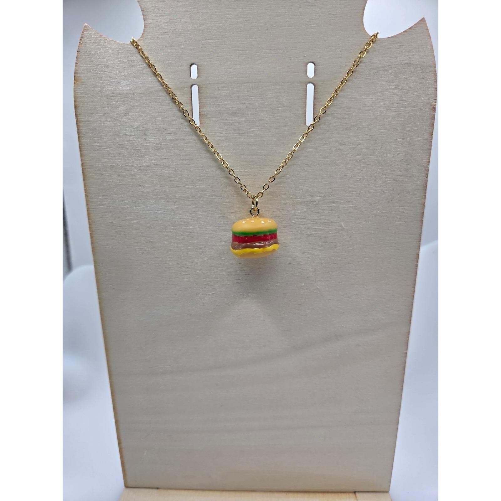 Handmade Necklace Gold Toned Stainless Steel Burger Pendant 24" Chain - Thumbnail 3