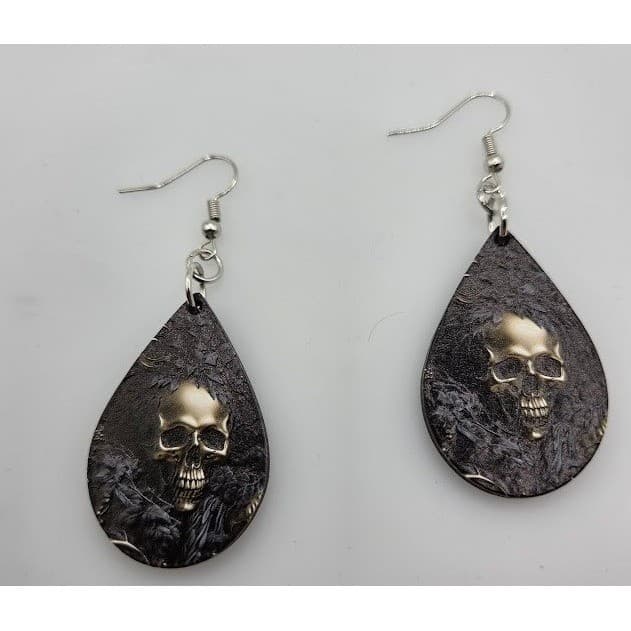 Handmade Earrings Skull Textured Glossy Dark Goth Teardrop Dangle - Thumbnail 2