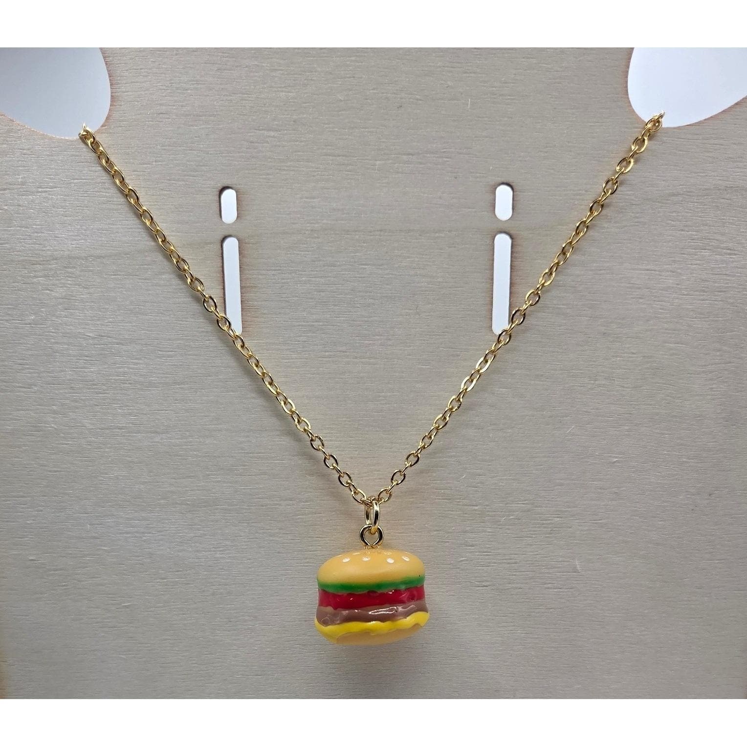 Handmade Necklace Gold Toned Stainless Steel Burger Pendant 24" Chain - Thumbnail 2