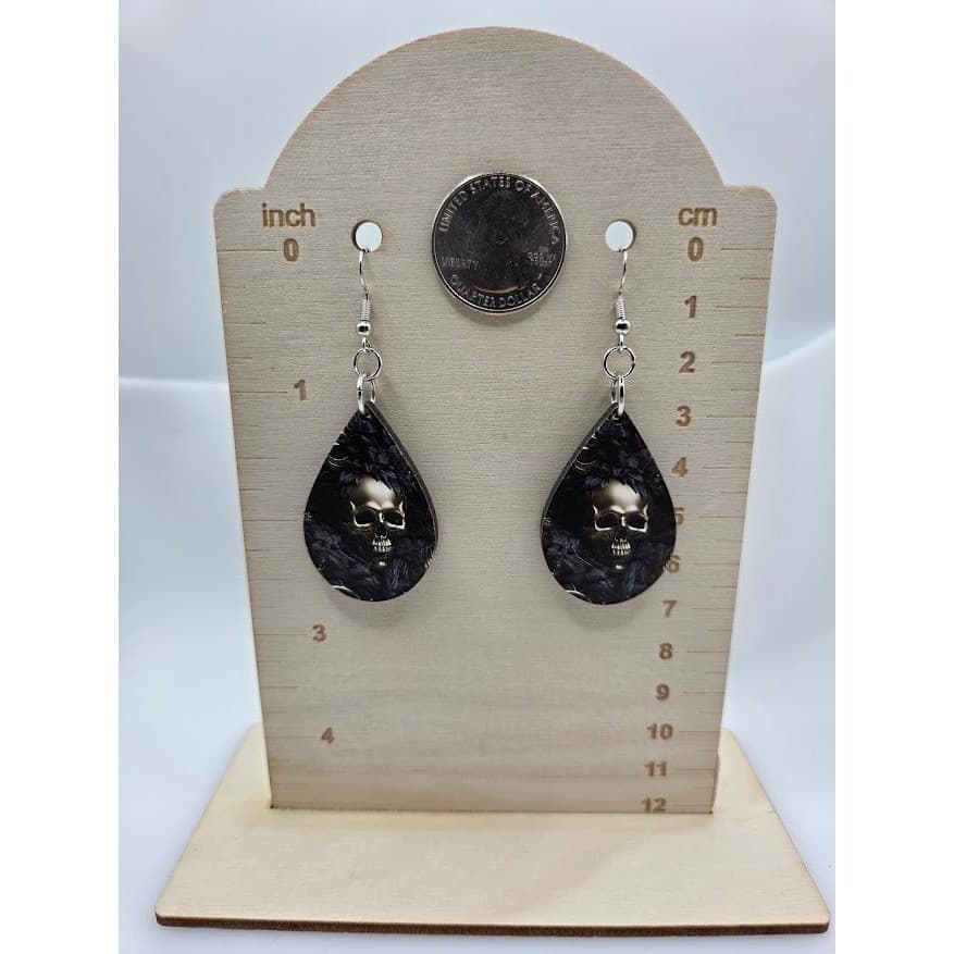 Handmade Earrings Skull Textured Glossy Dark Goth Teardrop Dangle - Thumbnail 5