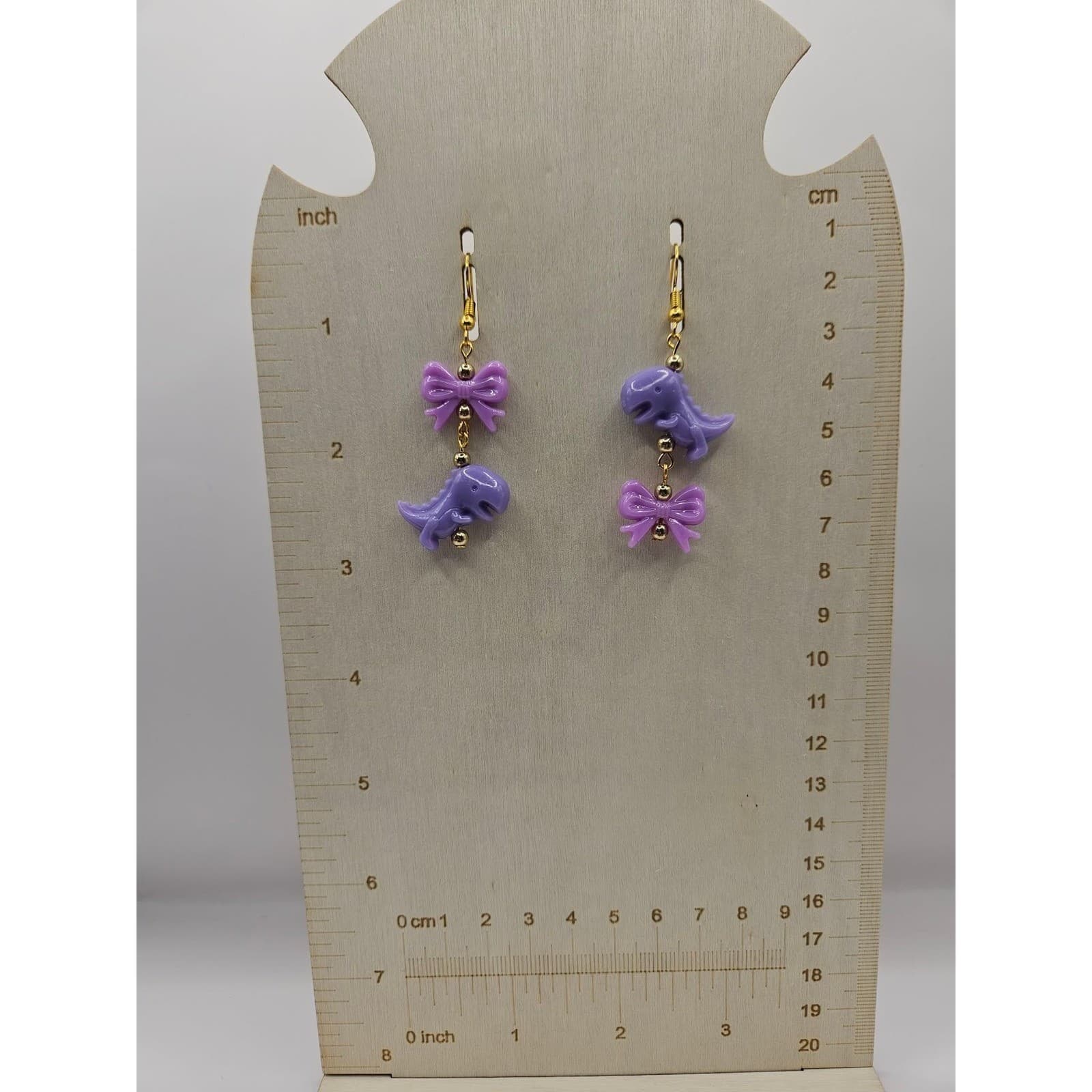 Purple Dinosaur Bow Dangle Earrings Kawaii Cute Handmade Jewelry Mismatch - Thumbnail 4