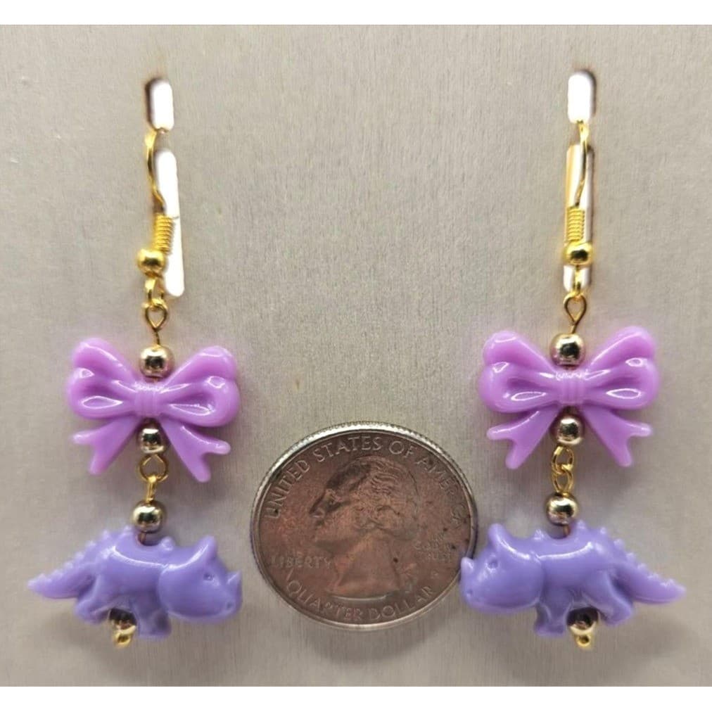 Cute Purple Dinosaur Bow Dangle Earrings Kawaii Aesthetic Jewelry - Thumbnail 3