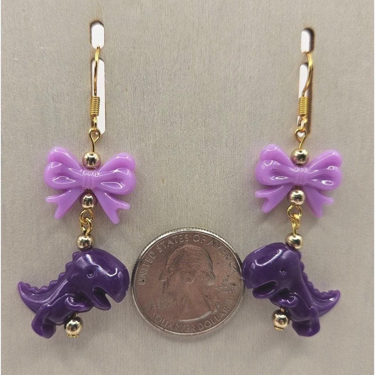 Cute Purple Dinosaur Bow Dangle Earrings Kawaii Charm Handmade Jewelry - Thumbnail 3