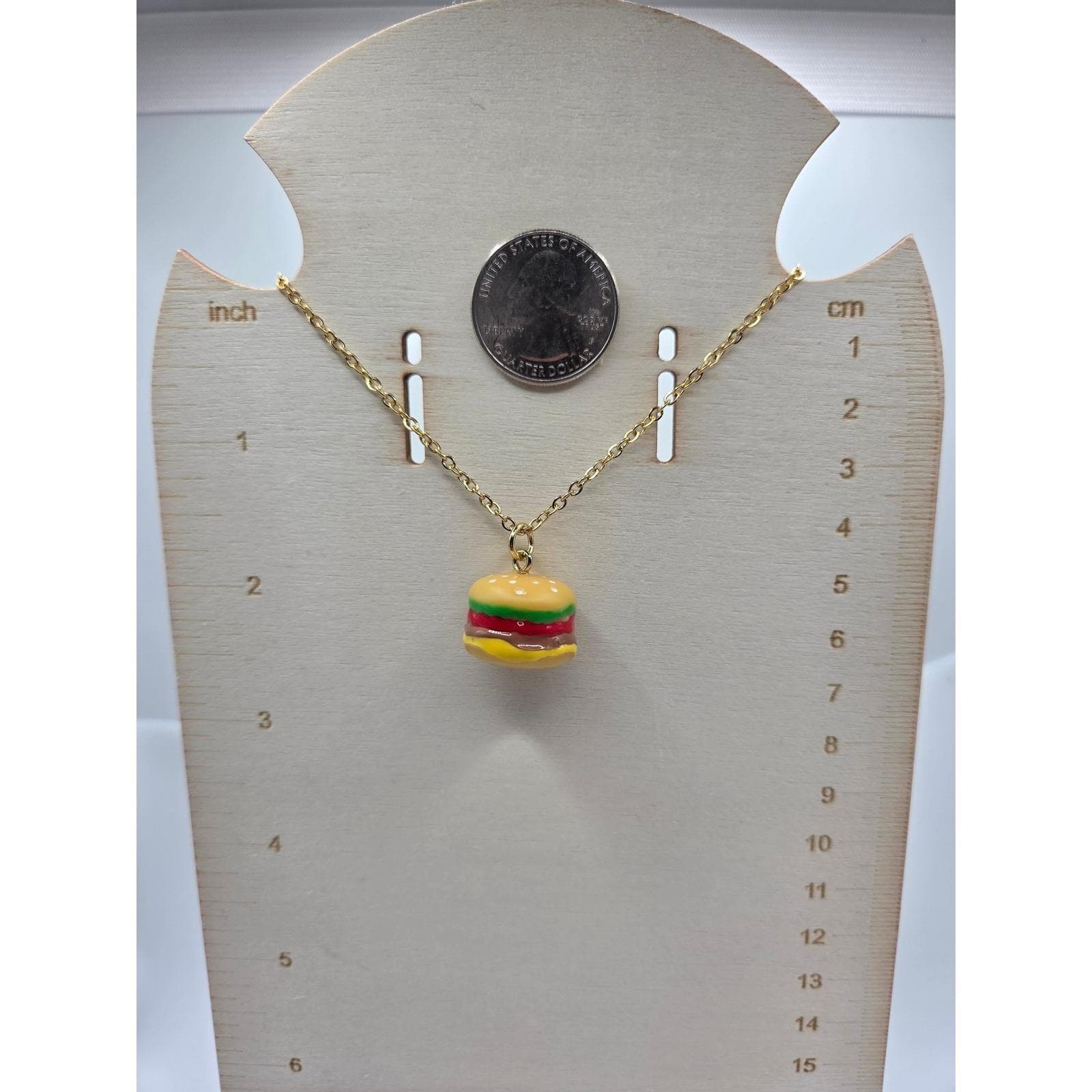 Handmade Necklace Gold Toned Stainless Steel Burger Pendant 24" Chain - Thumbnail 5