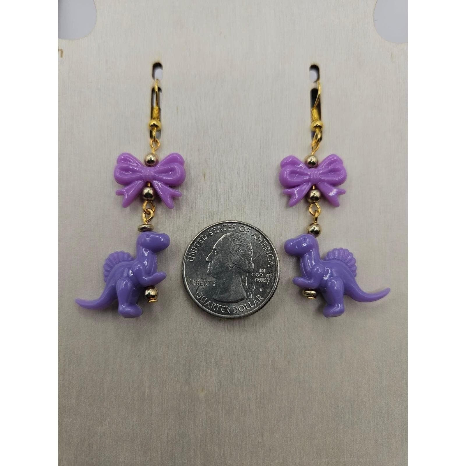 Purple Dinosaur Bow Dangle Earrings Handmade Cute Kawaii Mismatched Jewelry - Thumbnail 3