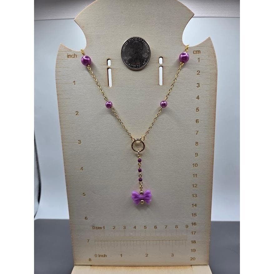 Handmade Necklace Gold Toned Purple Faux Pearl Bow Lariat Heart Y-Shape - Thumbnail 8