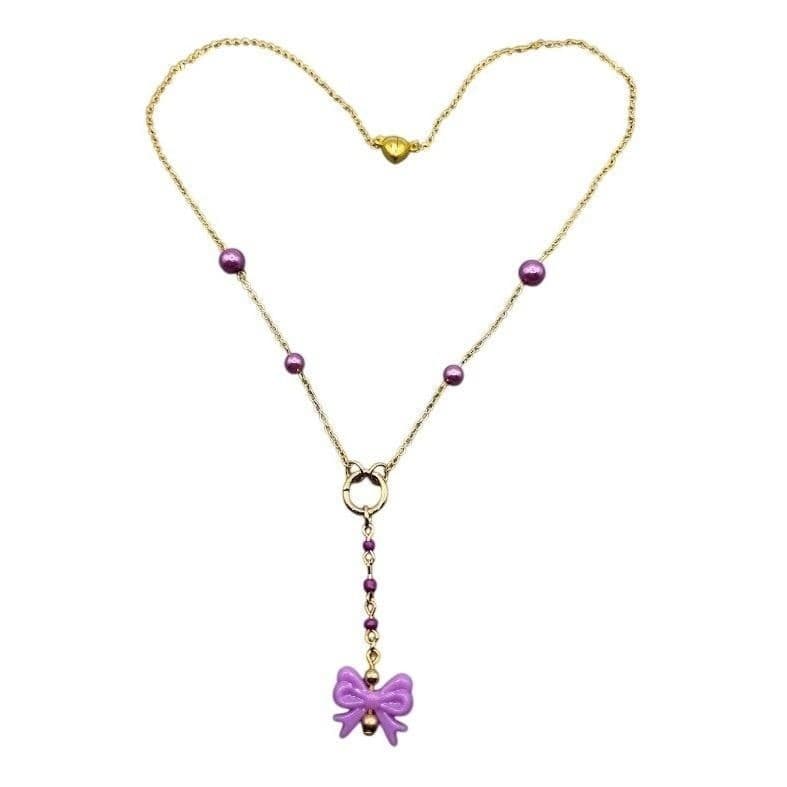 Handmade Necklace Gold Toned Purple Faux Pearl Bow Lariat Heart Y-Shape - Thumbnail 9