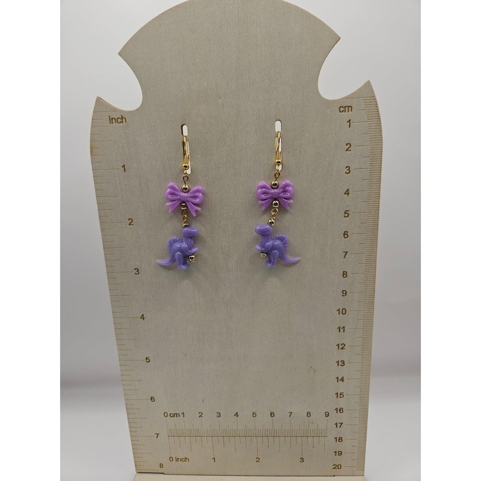 Purple Dinosaur Bow Dangle Earrings Handmade Cute Kawaii Mismatched Jewelry - Thumbnail 2
