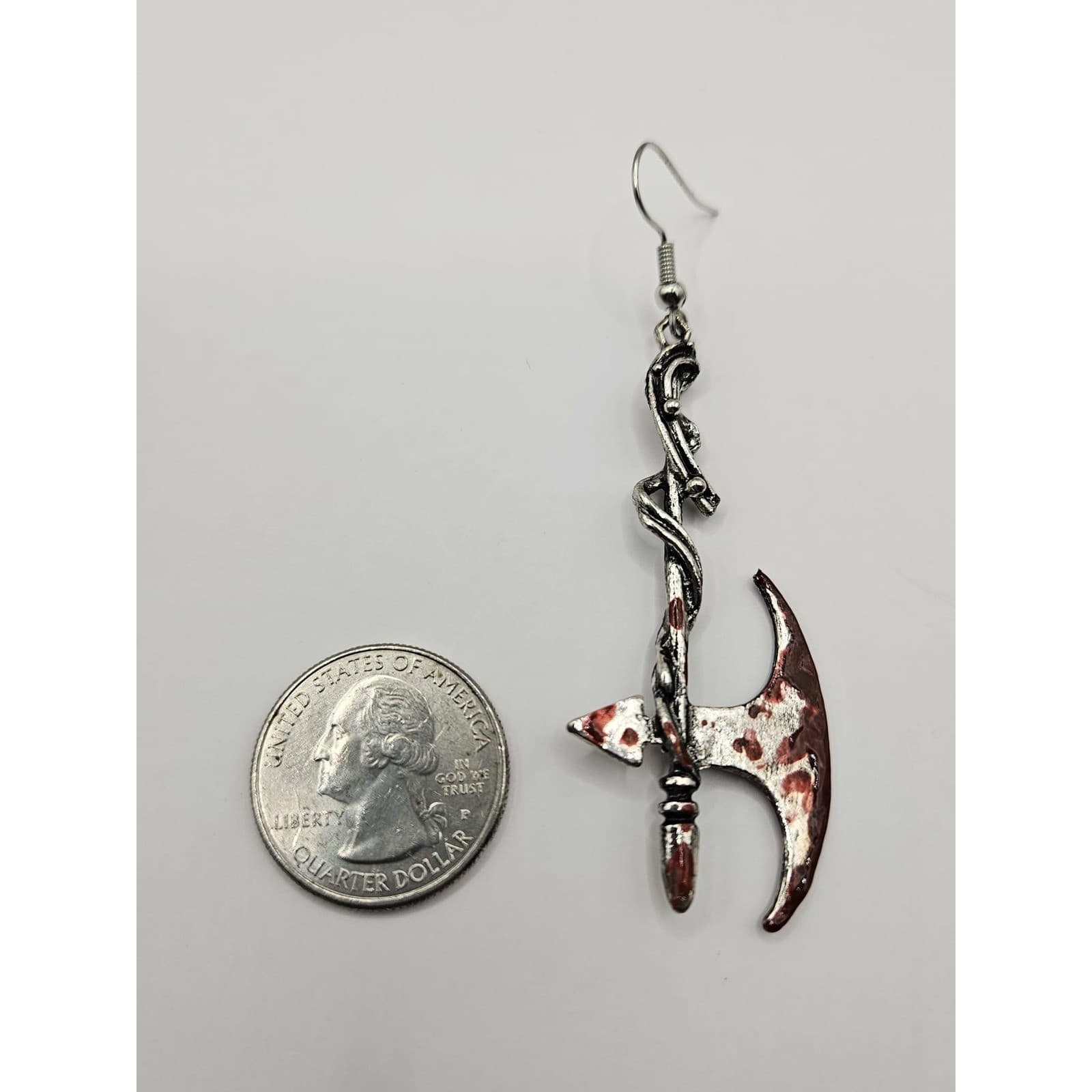 Axe Tomahawk Dangle Drop Handmade Earrings Handpainted Bloody Horror Halloween - Thumbnail 3