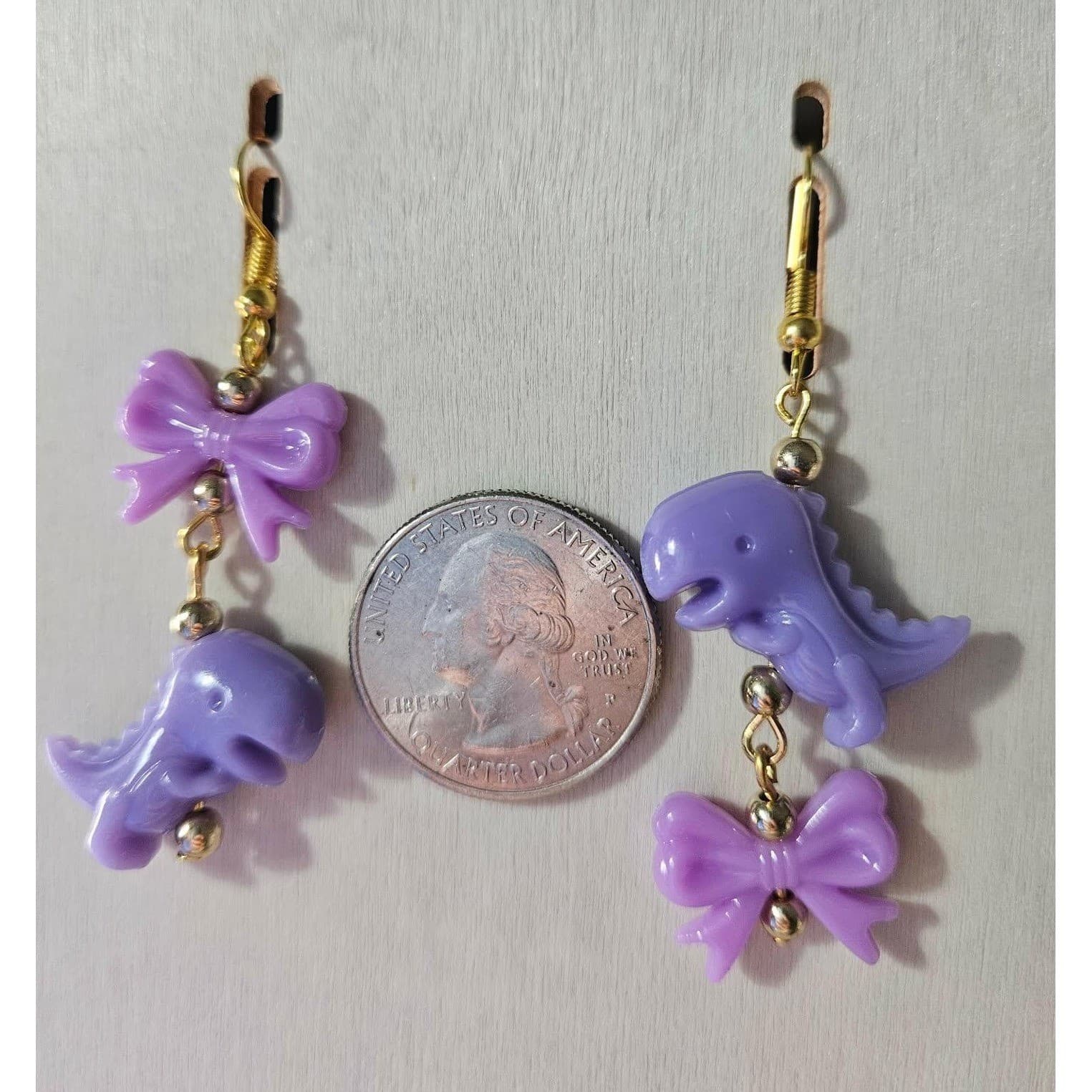 Purple Dinosaur Bow Dangle Earrings Kawaii Cute Handmade Jewelry Mismatch - Thumbnail 3