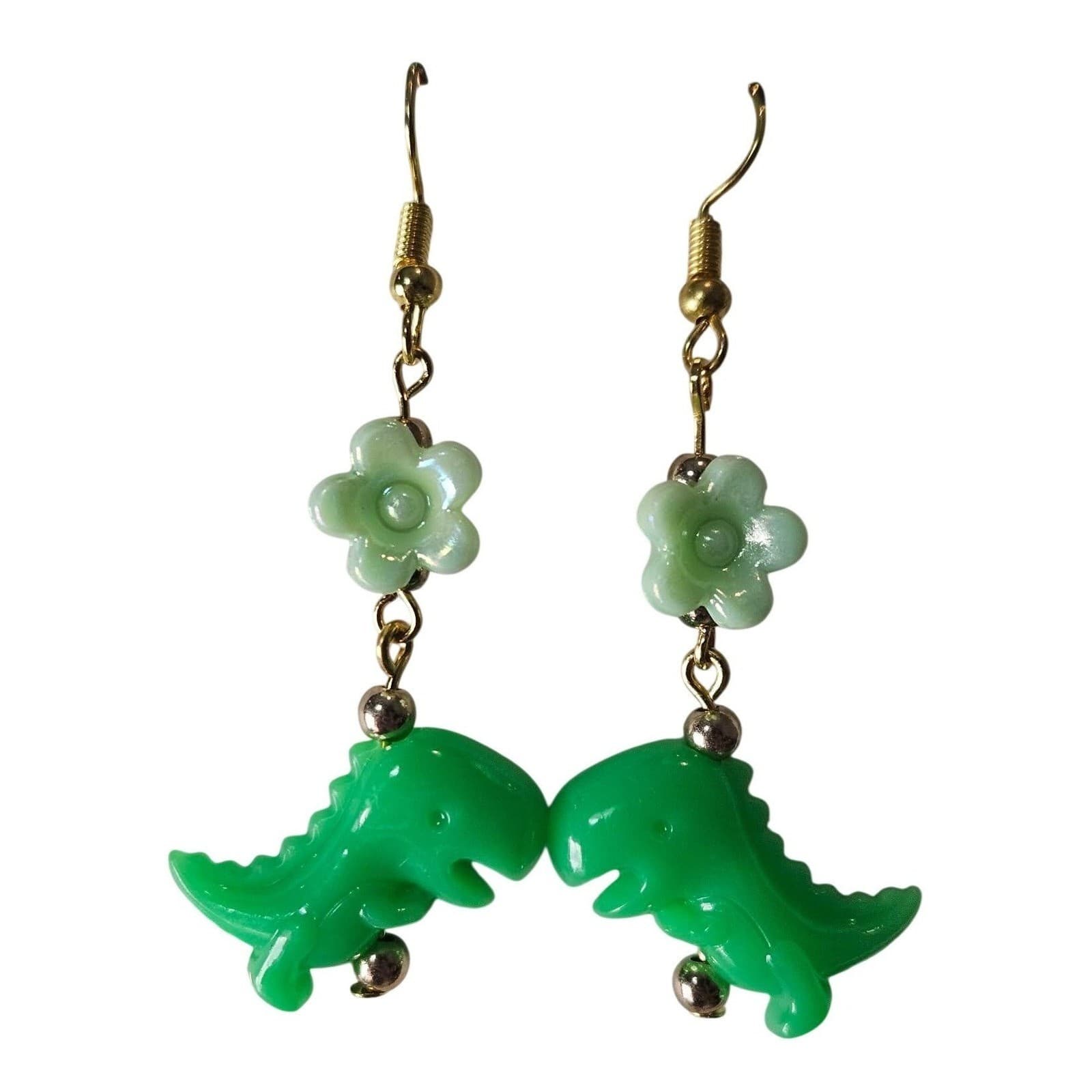 Cute Green Dinosaur Flower Dangle Earrings Kawaii Fun Handmade Jewelry