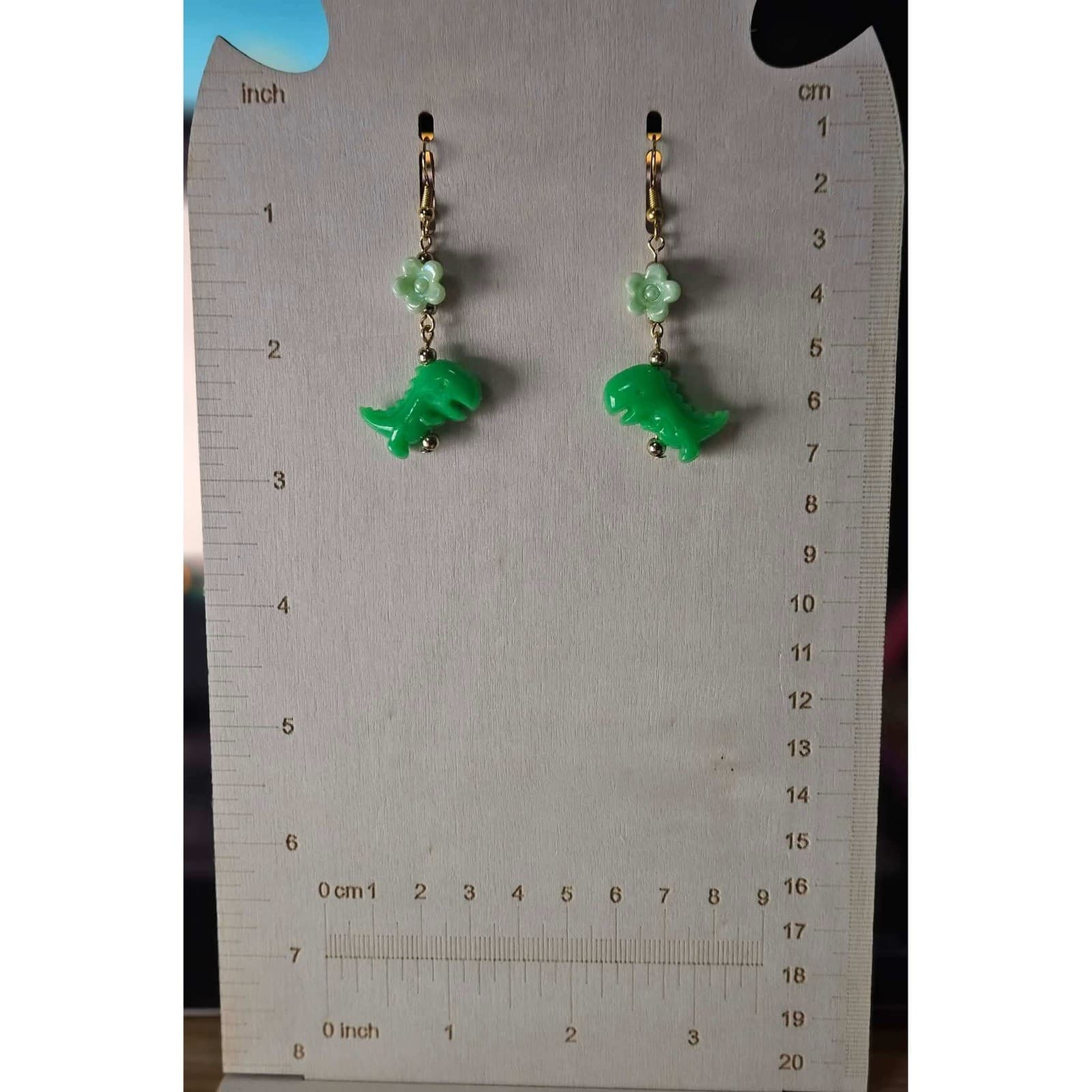 Cute Green Dinosaur Flower Dangle Earrings Kawaii Fun Handmade Jewelry - Thumbnail 2