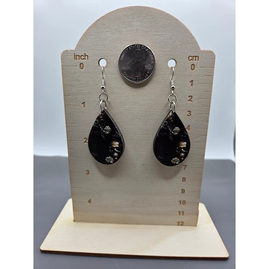 Handmade Earrings Silver Goth Skull Floral Pillar UV Printed Teardrop Dangle - Thumbnail 6