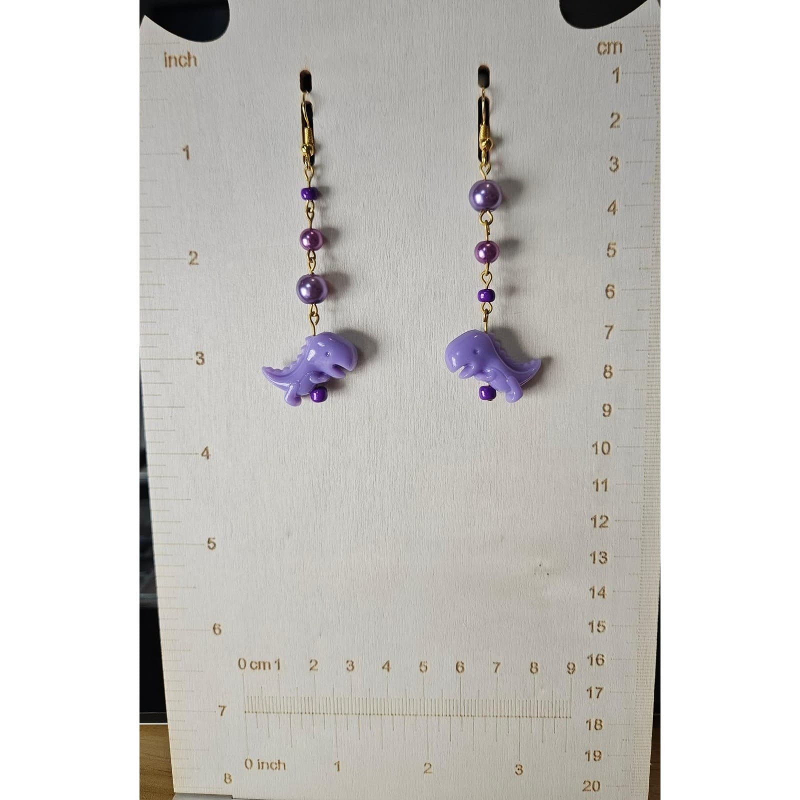 Purple Dinosaur Dangle Earrings Kawaii Beaded Charm Jewelry Mismatch Handmade - Thumbnail 3