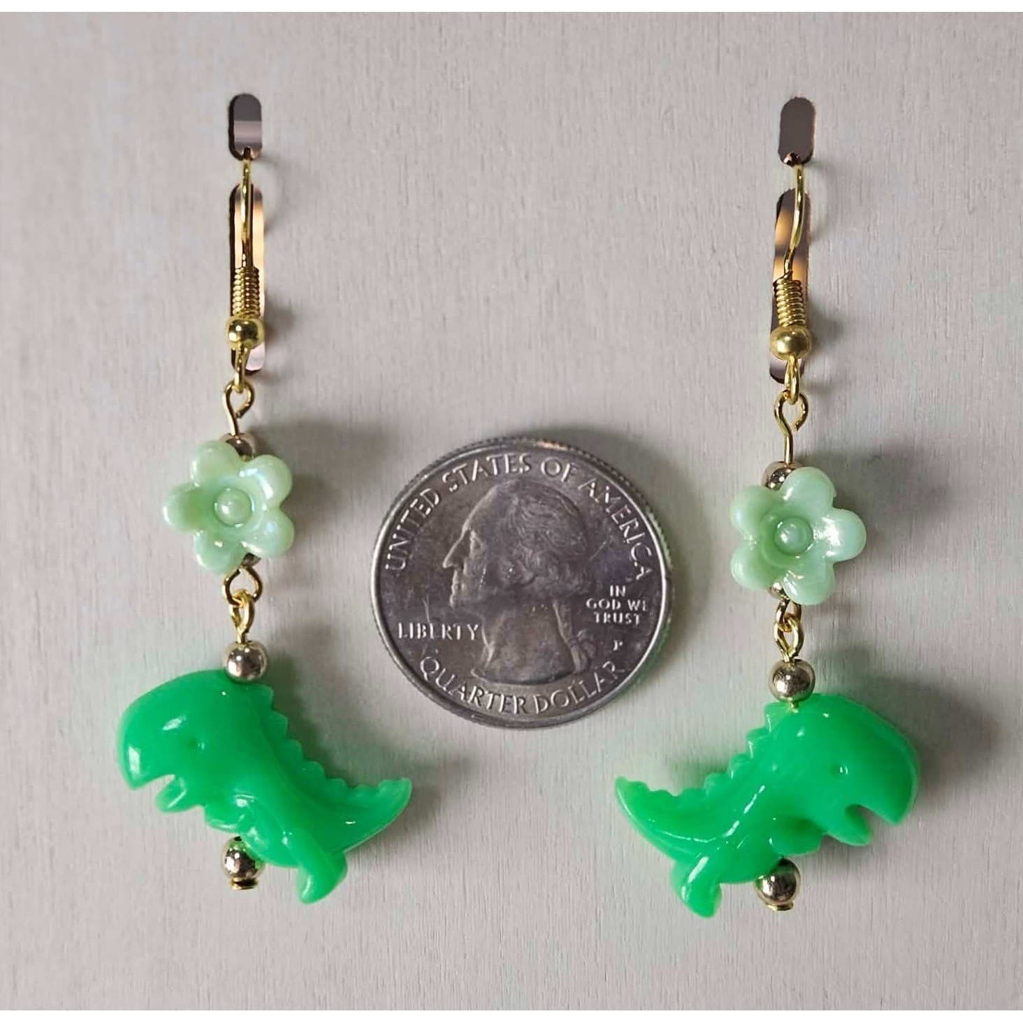 Cute Green Dinosaur Flower Dangle Earrings Kawaii Fun Handmade Jewelry - Thumbnail 3