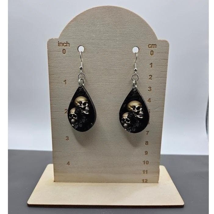 Handmade Skull Earrings Teardrop Goth Wood Dangle Stainless Steel - Thumbnail 6
