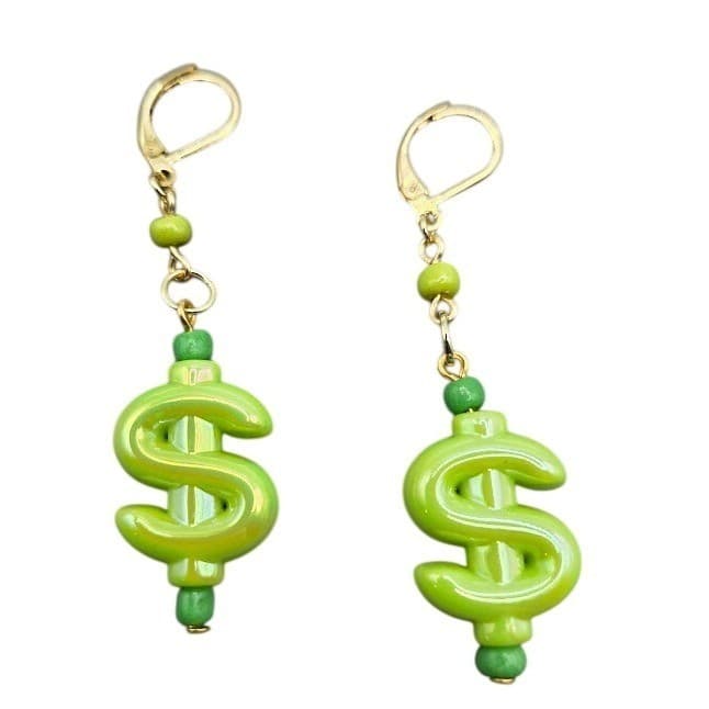 Handmade Earrings Green Dollar Sign Gold Tone Dangle Leverback $ - Thumbnail 3