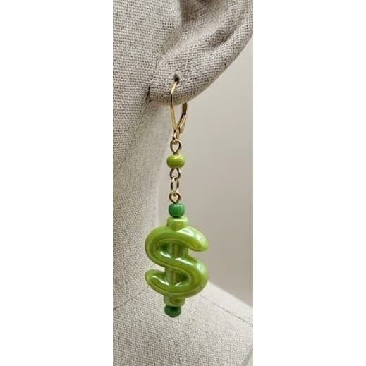 Handmade Earrings Green Dollar Sign Gold Tone Dangle Leverback $ - Thumbnail 2