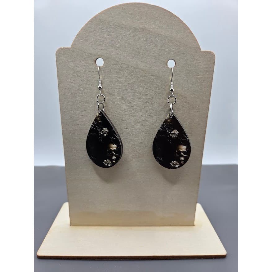 Handmade Earrings Silver Goth Skull Floral Pillar UV Printed Teardrop Dangle - Thumbnail 3