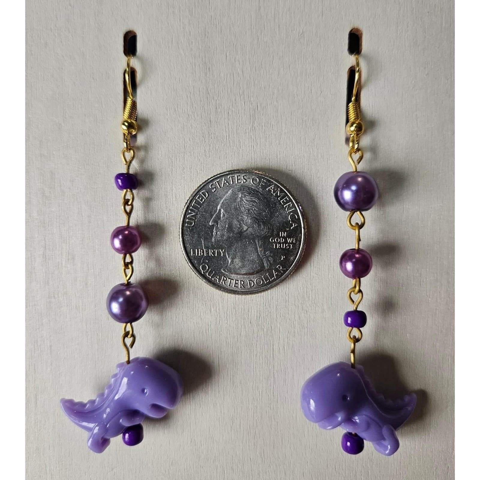 Purple Dinosaur Dangle Earrings Kawaii Beaded Charm Jewelry Mismatch Handmade - Thumbnail 2