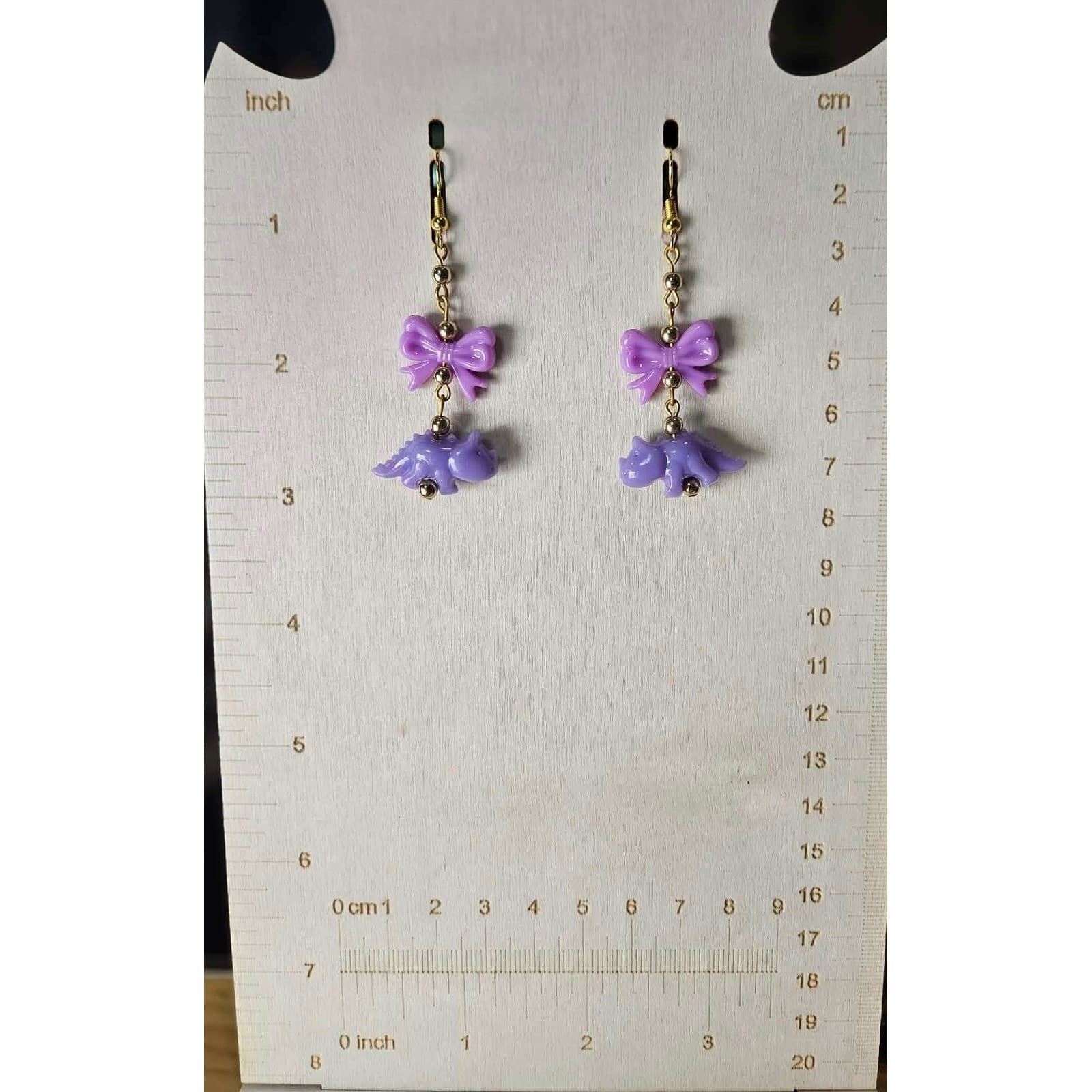 Purple Dinosaur Bow Dangle Earrings Cute Kawaii Novelty Handmade Jewelry - Thumbnail 2
