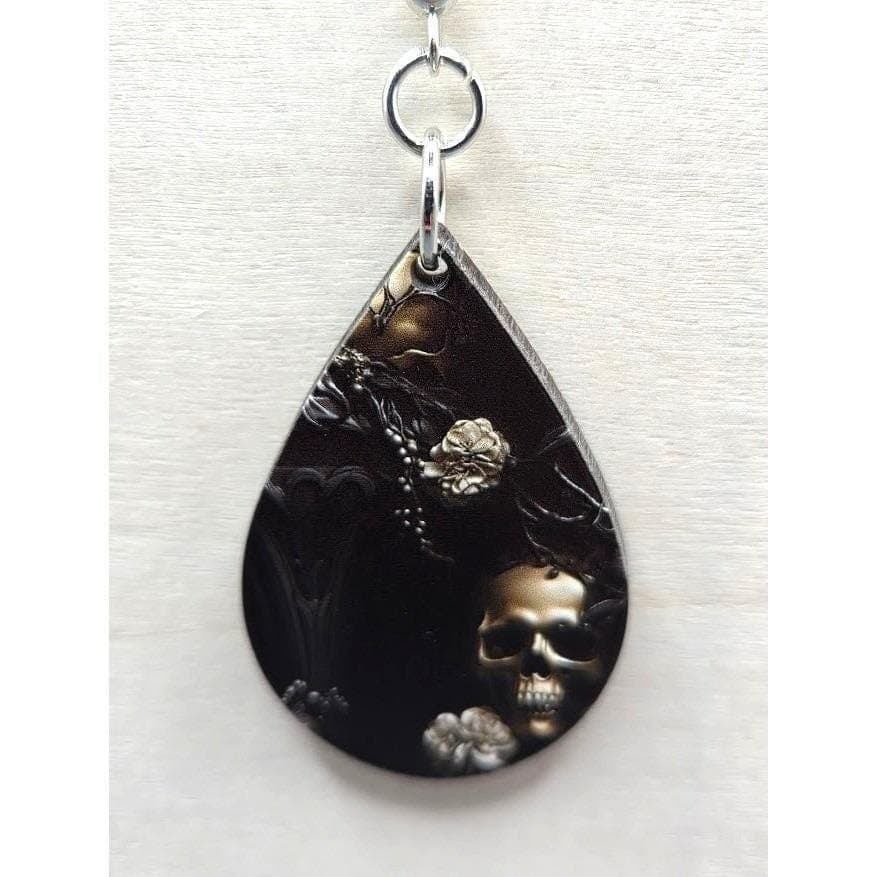 Handmade Earrings Silver Goth Skull Floral Pillar UV Printed Teardrop Dangle - Thumbnail 2