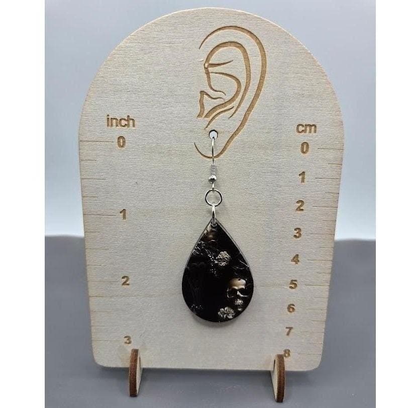 Handmade Earrings Silver Goth Skull Floral Pillar UV Printed Teardrop Dangle - Thumbnail 4
