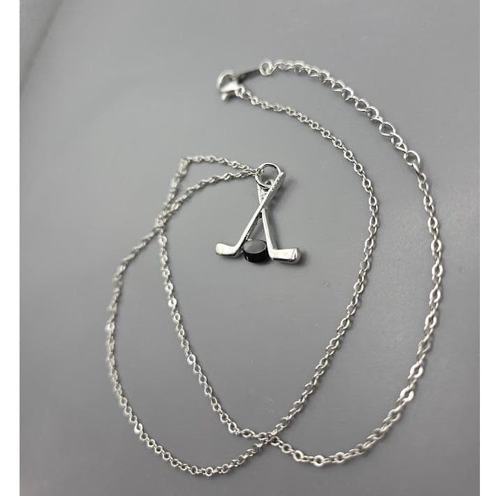 Handmade Necklace Silver Stainless Steel Hockey Sticks Puck Pendant 20" - Thumbnail 8