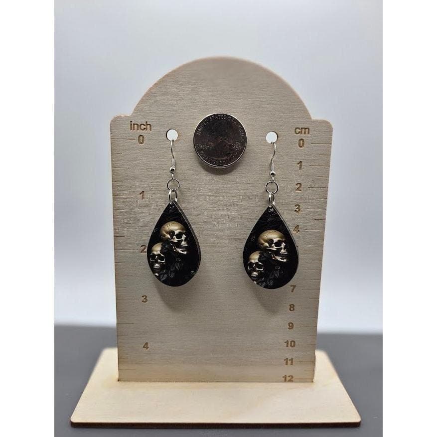 Handmade Skull Earrings Teardrop Goth Wood Dangle Stainless Steel - Thumbnail 5