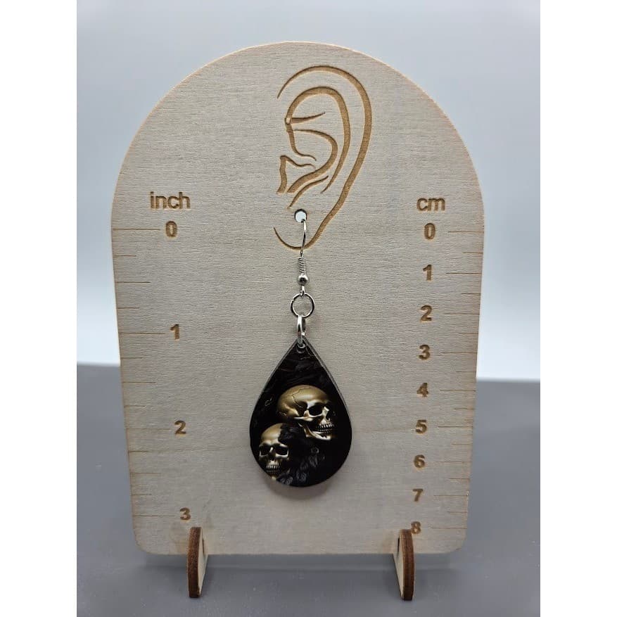 Handmade Skull Earrings Teardrop Goth Wood Dangle Stainless Steel - Thumbnail 2
