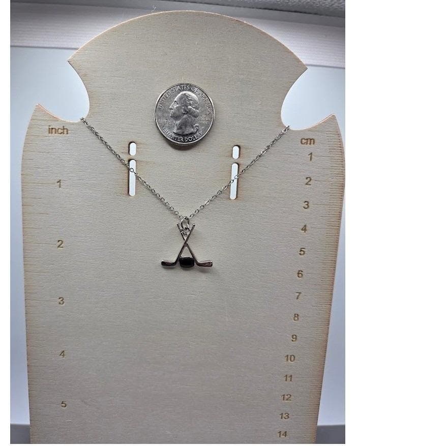 Handmade Necklace Silver Stainless Steel Hockey Sticks Puck Pendant 20" - Thumbnail 4
