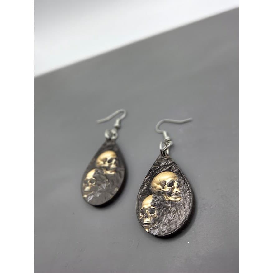 Handmade Skull Earrings Teardrop Goth Wood Dangle Stainless Steel - Thumbnail 7
