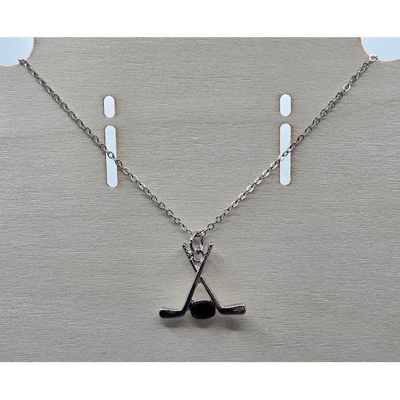 Handmade Necklace Silver Stainless Steel Hockey Sticks Puck Pendant 20" - Thumbnail 2