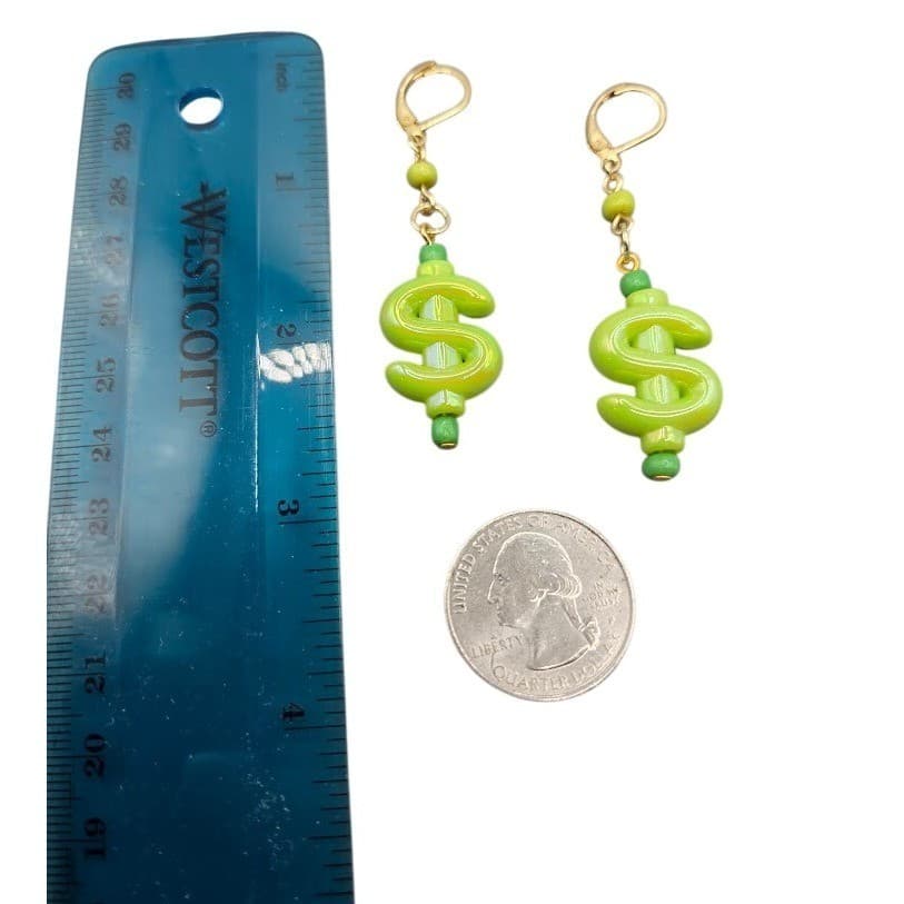 Handmade Earrings Green Dollar Sign Gold Tone Dangle Leverback $ - Thumbnail 4
