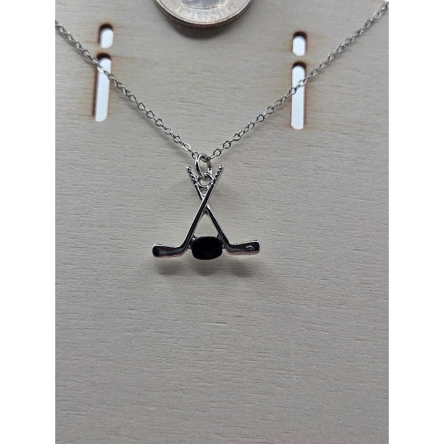 Handmade Necklace Silver Stainless Steel Hockey Sticks Puck Pendant 20" - Thumbnail 6