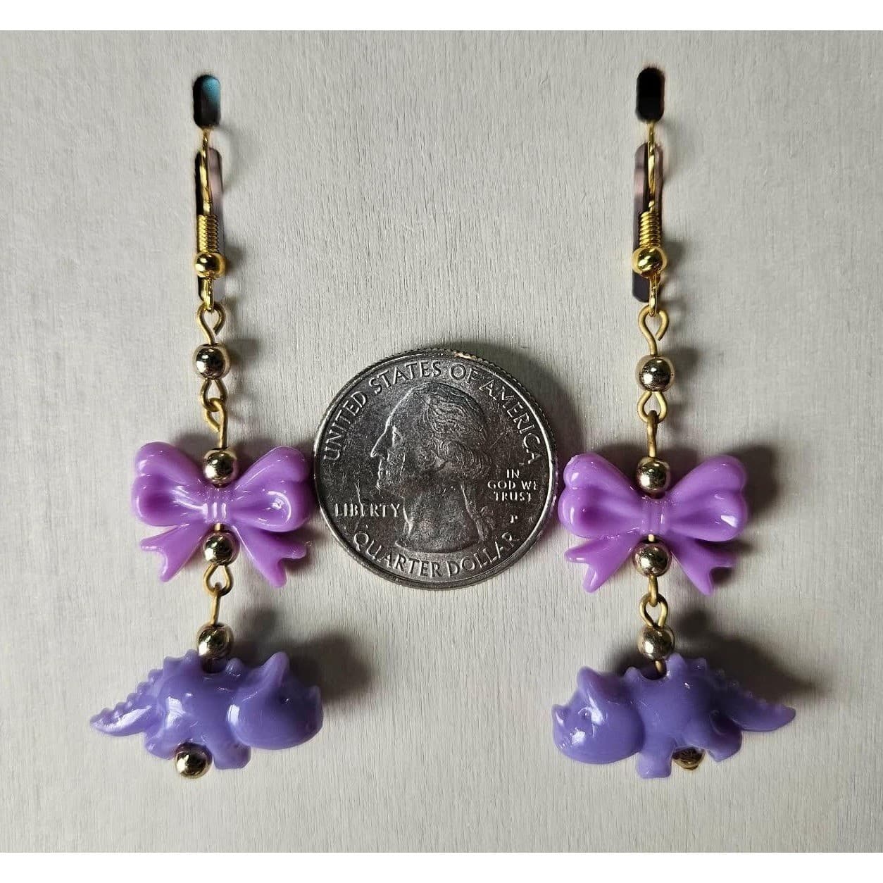 Purple Dinosaur Bow Dangle Earrings Cute Kawaii Novelty Handmade Jewelry - Thumbnail 3