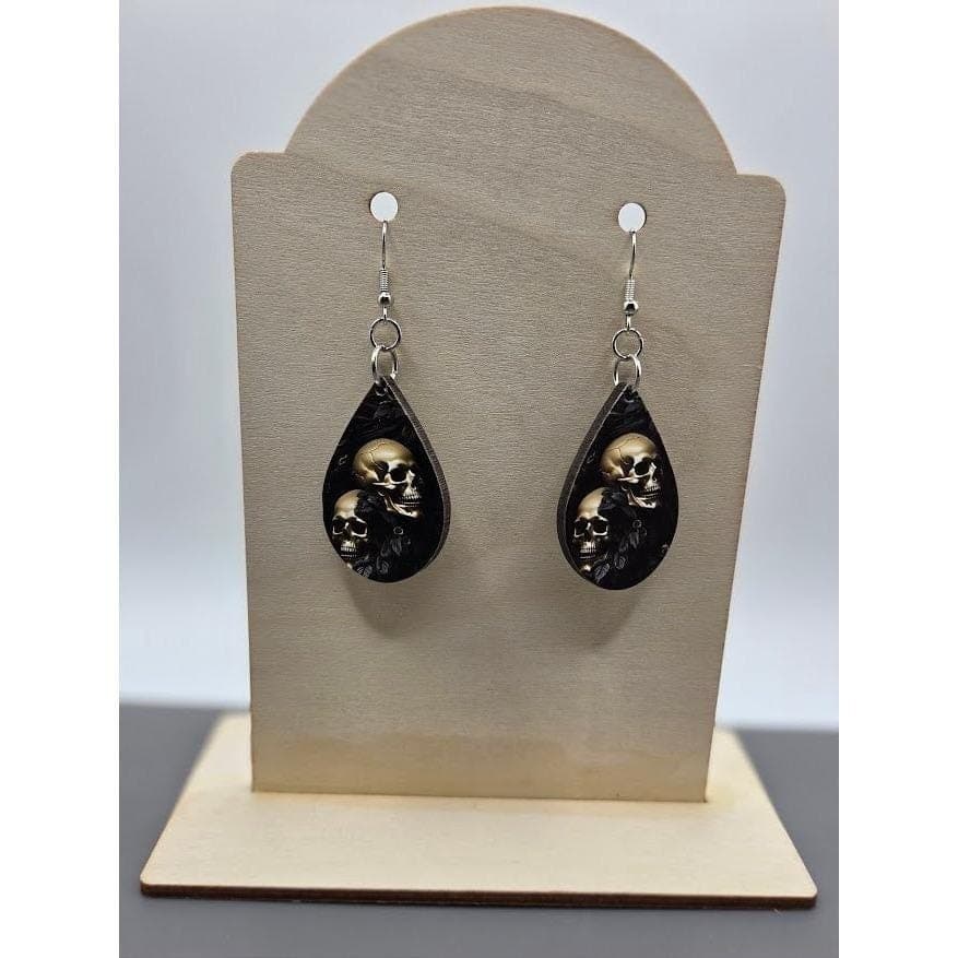 Handmade Skull Earrings Teardrop Goth Wood Dangle Stainless Steel - Thumbnail 4