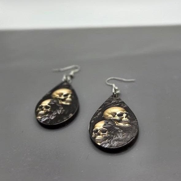 Handmade Skull Earrings Teardrop Goth Wood Dangle Stainless Steel - Thumbnail 3