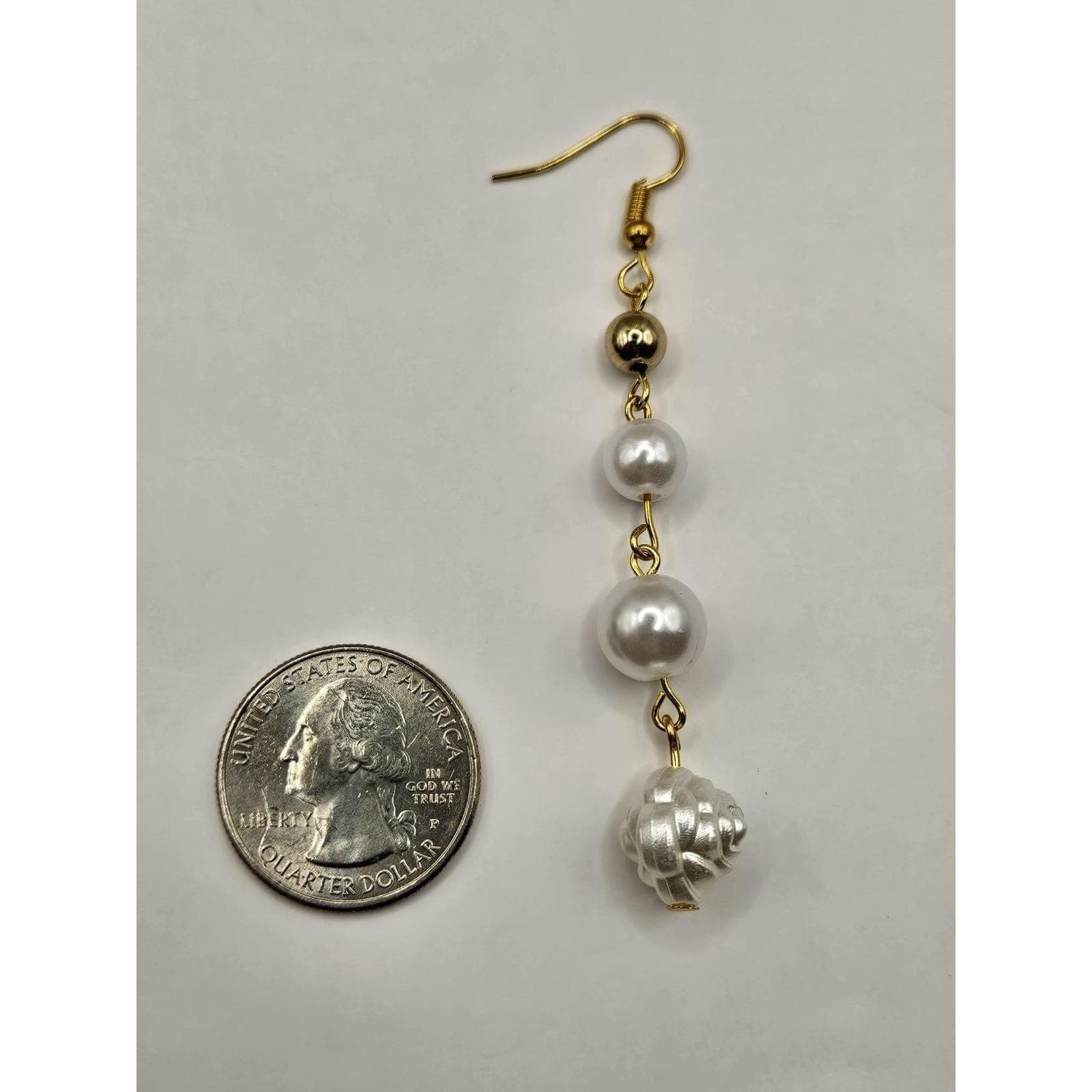 Faux Pearl Rose Dangle Earrings Gold Tone Drop Statement Handmade - Thumbnail 3