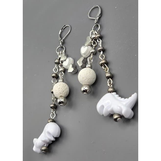 Handmade Earrings White Dinosaur Heart Rock Stainless Steel 3" Drop Dangle - Thumbnail 5